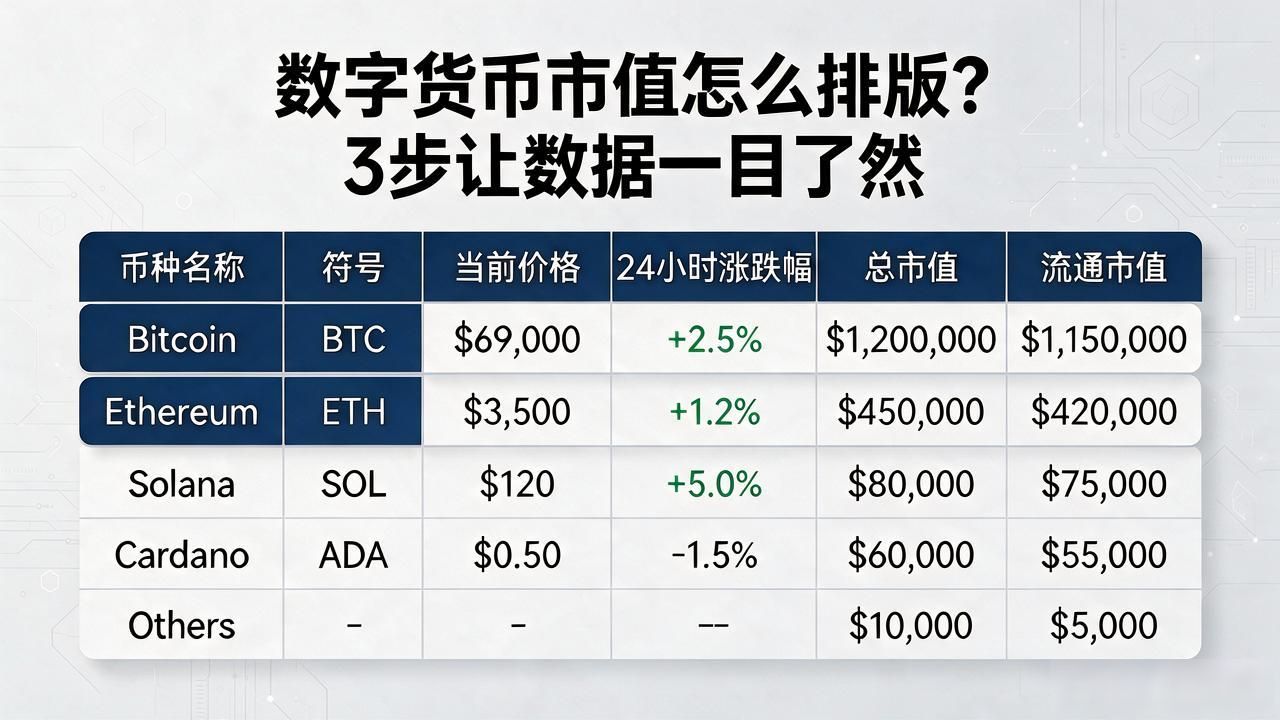 数字货币市值怎么排版？3步让数据一目了然